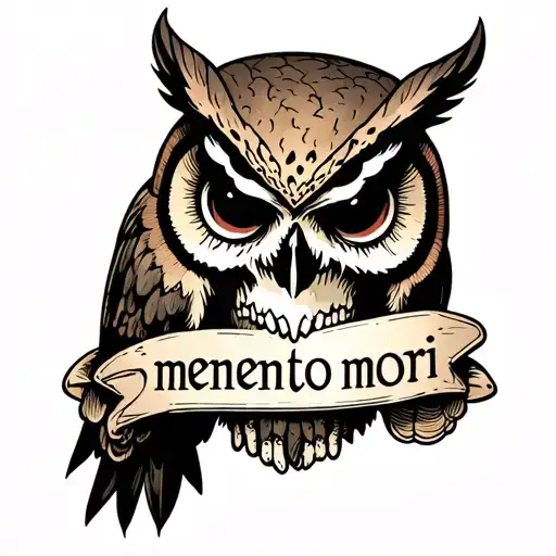 owl with a skull and the words memento mori written tattoo design idea