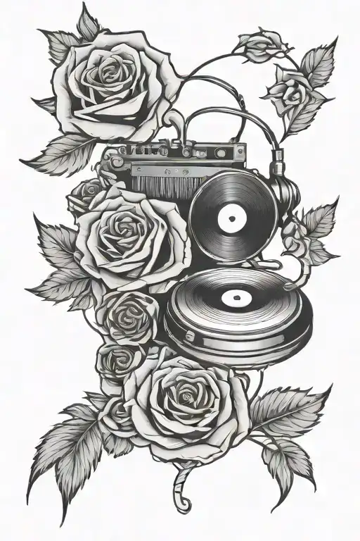 music dj roses intertwined with words west coast tattoo design idea