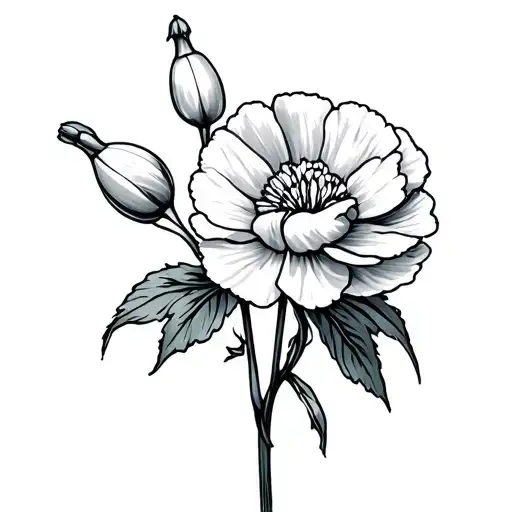 carnation and snowdrop flower with Malia cursive tattoo design idea