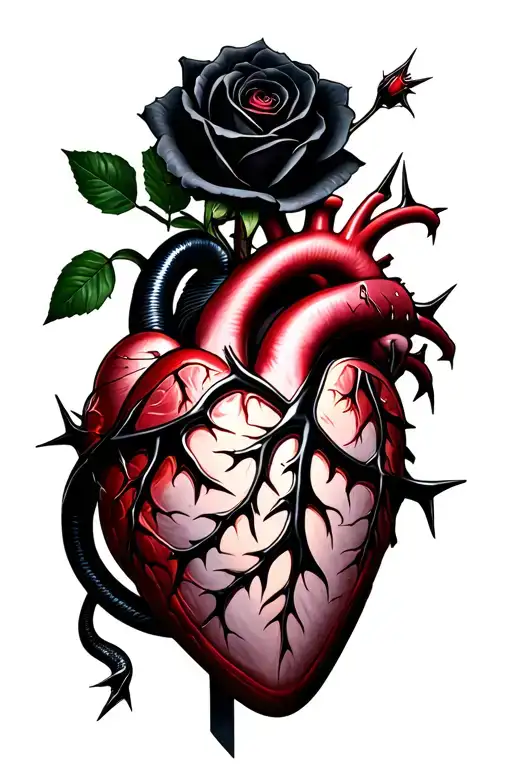 human heart ensnared by black rose with thorns. Dagger piercing both. Black mamba wrapping all of it tattoo design idea