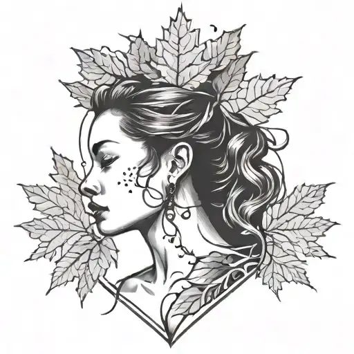 heart tree growing red maple leaf native woman's face  tattoo design idea