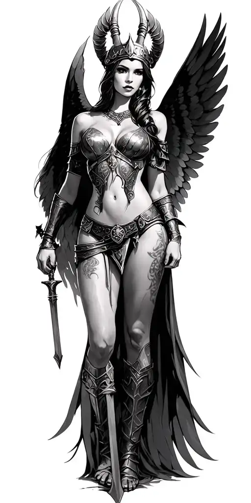 sexy valkyrie warrior women with wings tattoo design idea