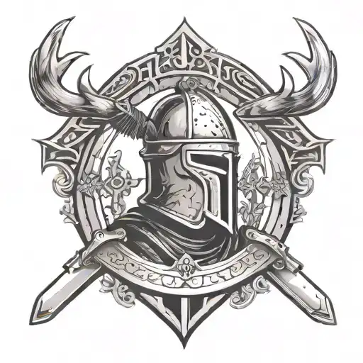 Knight Templar, beautiful armor with crosses, sword, helmet with deer antlers tattoo design idea