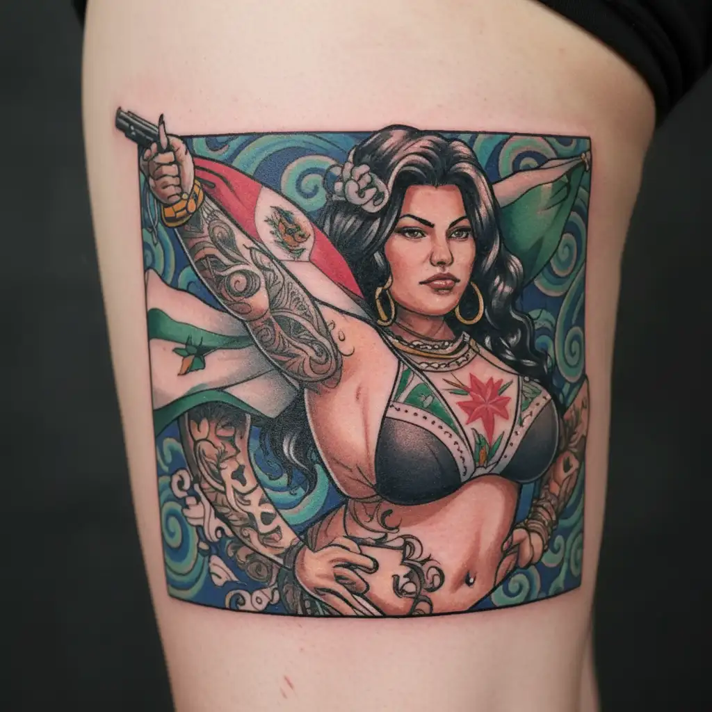Karla lane Wearing A Mexican Flag Bikini and On the Bikini write QOS on it tattoo design idea