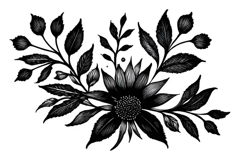 I want a minimalist ornamental tattoo resembling a symmetrical burst or bouquet of delicate botanical elements. It shoul tattoo design idea