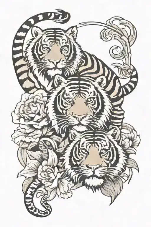 tattoo sleeve with two tigers, a monkey and a dog tattoo design idea