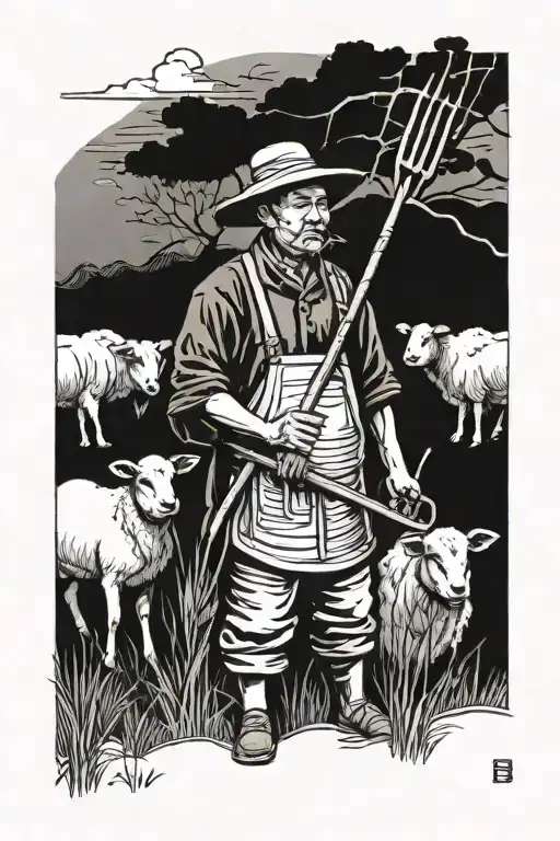 Chinese farmer with pitchfork with lamb infront tattoo design idea