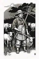 Chinese farmer with pitchfork with lamb infront tattoo design idea