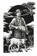 Chinese farmer with pitchfork with lamb infront tattoo design idea