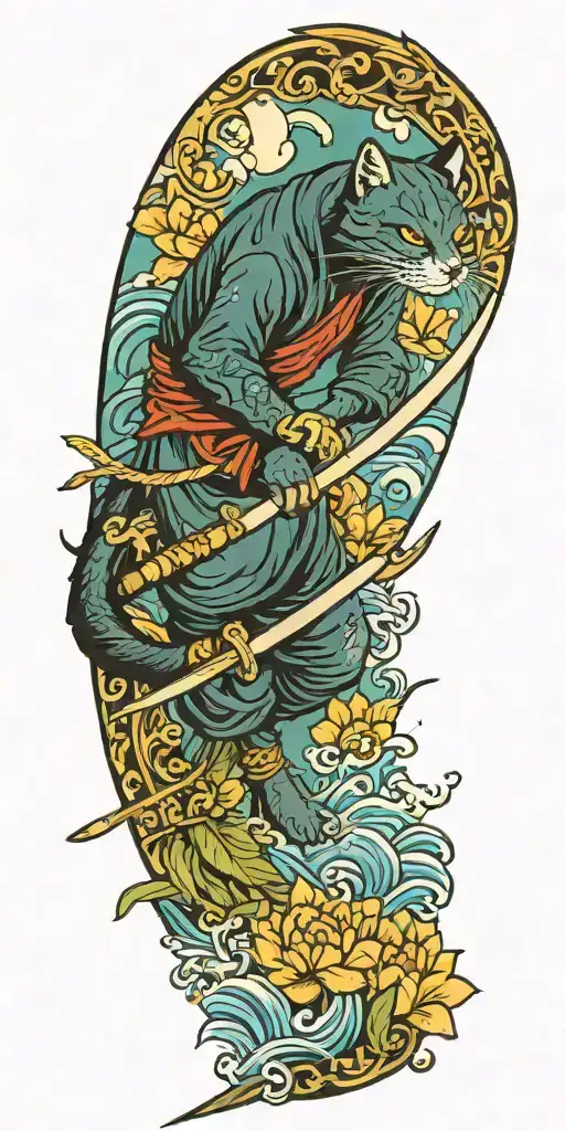 ninja cat surfing on a katana sword, tail, water, waves, lotus, sakura, clouds, whirlpool, leaves, peony tattoo design idea