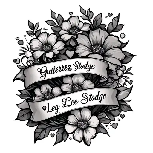 Shoulder tattoo with the three names of Gutierrez, Lee, Stodge with flowers and hearts around it  tattoo design idea