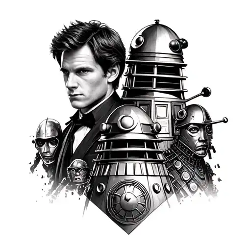 I would like a doctor who themed sleeve tattoo of matt smith and the silence with daleks and cybermen and gallifreyan tattoo design idea