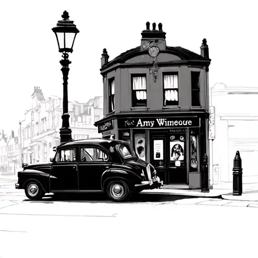Amy Winehouse pub with black cab parked in front tattoo design idea