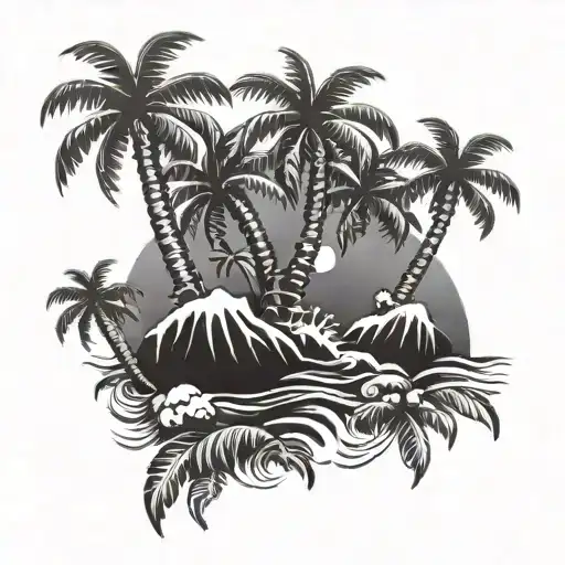 Black and white drawing of island curved palm tree with bombs as the trees coconuts and coconut crab on the bottom tattoo design idea
