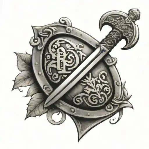 viking sword and shield with family symbol on it tattoo design idea