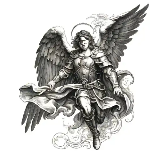 Archangel Micheal catholic black and white realism but old style painting with holy spirit fire wings tattoo design idea