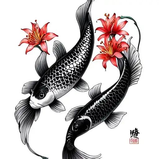 two koi fish facing each other surrounded by red spider lily flowers  tattoo design idea