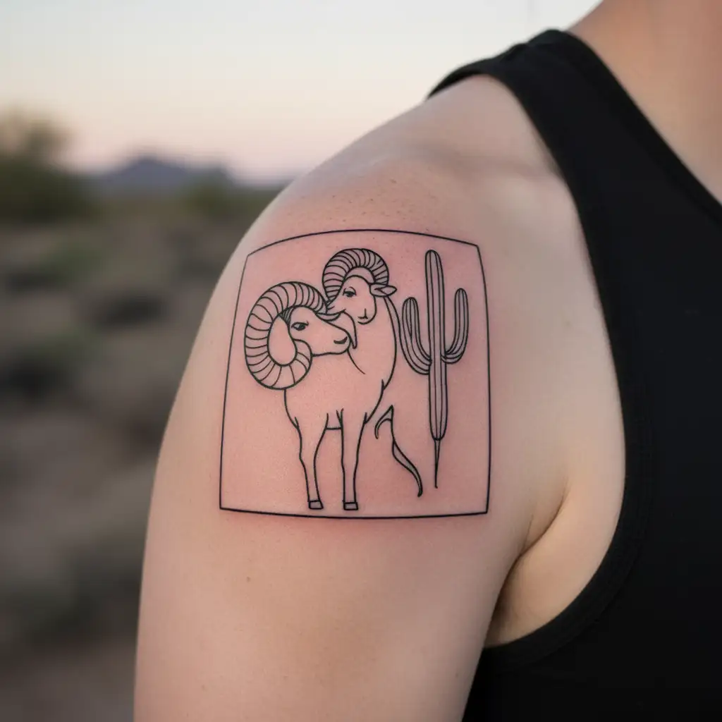 Wise ram in an embrace with cactus tattoo design idea
