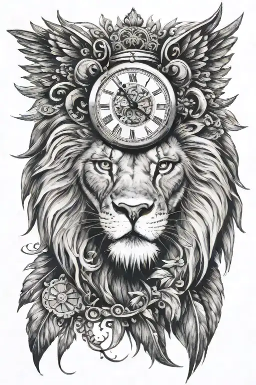 lion head, clock in the eye with wings below the head tattoo design idea
