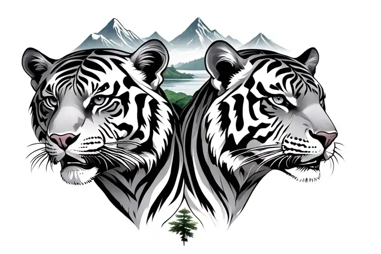 two symetrical tigers with mountains and nature in between them tattoo design idea