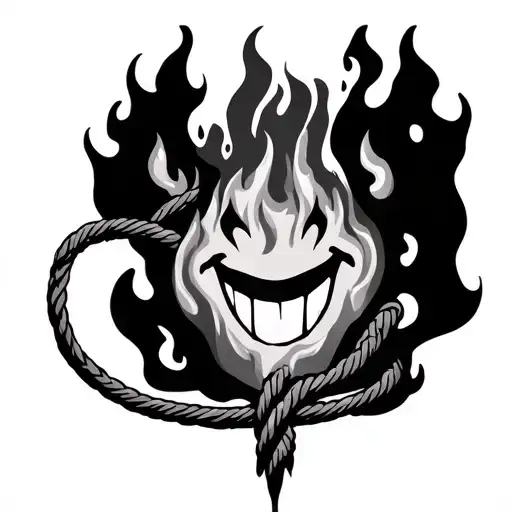 vertical piece of rope on fire with the fire smiling tattoo design idea