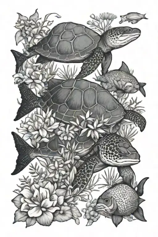 Underwater ocean life, black and white, realistic, fineline, flowers, turtle, whaleshark, dugong, boxfish, clownfish, sa tattoo design idea