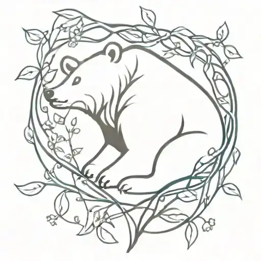 bear lounging in heart with vines wrapping tattoo design idea