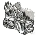 A serene waterfall cascading down a rocky cliff in the Colorado mountains tattoo design idea