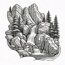 A serene waterfall cascading down a rocky cliff in the Colorado mountains tattoo design idea