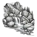 A serene waterfall cascading down a rocky cliff in the Colorado mountains tattoo design idea