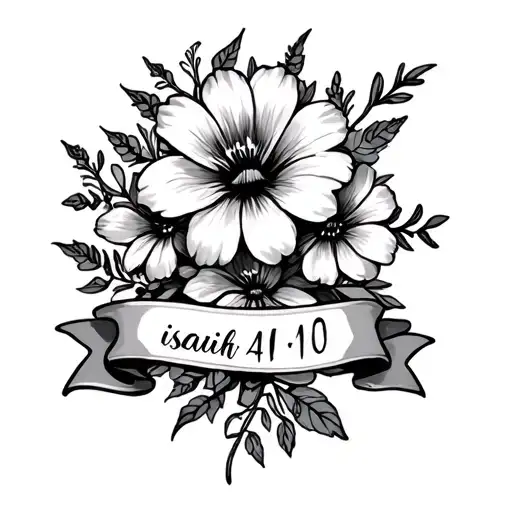 flowers with ribbon and words "isaiah 41:10" tattoo design idea