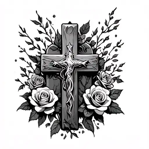 cross with roses wrapped around it sitting on a grave burial  tattoo design idea