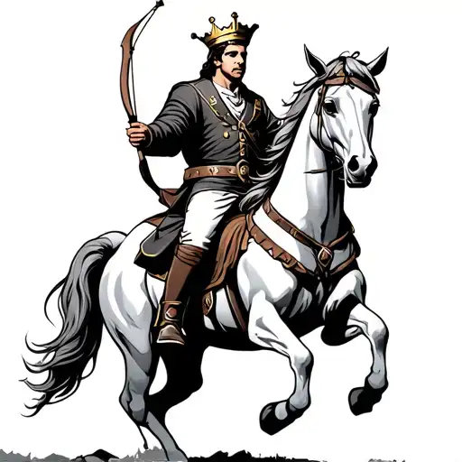 Sailor Jerry–style Four Horsemen of the Apocalypse, bold AF:Conquest: Crowned rider on white horse, bow in hand, banne tattoo design idea
