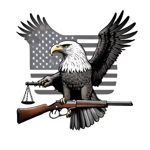 American flag, bald eagle, scales of justice, rifle tattoo sleeve tattoo design idea