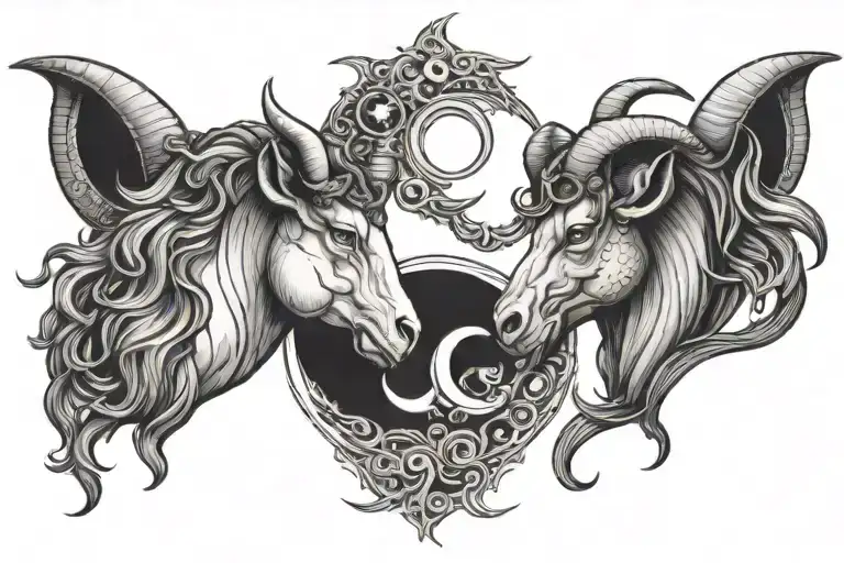 celestial with sun and moon close up tattoo of Capricorn and Aries looking horizontally in opposite directions  tattoo design idea