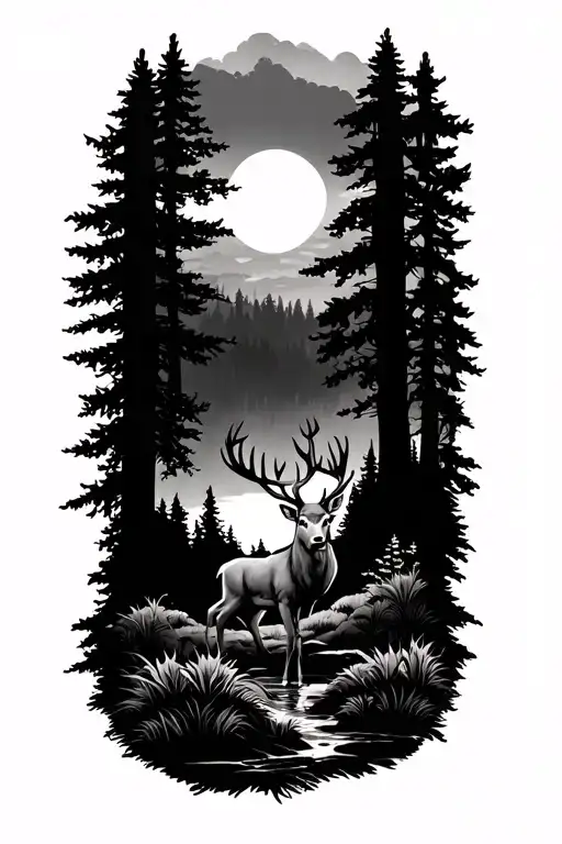black and grey nature-themed half-sleeve tattoo featuring a deer and forest scene tattoo design idea