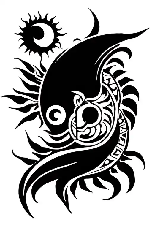 quisqueya dominican tribal tattoo ,black  ink, include taino sun and moon to symbolize balance tattoo design idea