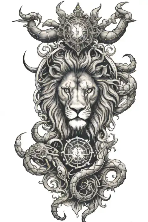 A mystical design featuring a lion (Leo), crab (Cancer), and scorpion (Scorpio) in a harmonious composition tattoo design idea