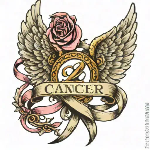 Angel wings and halo with cancer ribbon and 05-07-24 in roman numerals  tattoo design idea