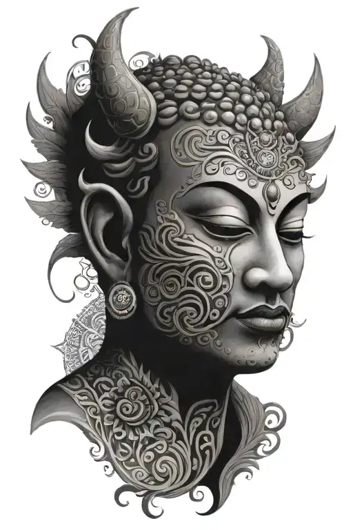 half buddha face half demon face with mandala back ground tattoo design idea