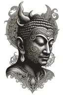 half buddha face half demon face with mandala back ground tattoo design idea