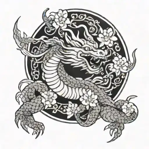 A fusion of traditional Japanese sakura flowers and a wise Japanese dragon, symbolizing strength and wisdom tattoo design idea
