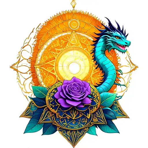 sri yantra base with a sun, gemini and purple rose and dragon above. tattoo design idea