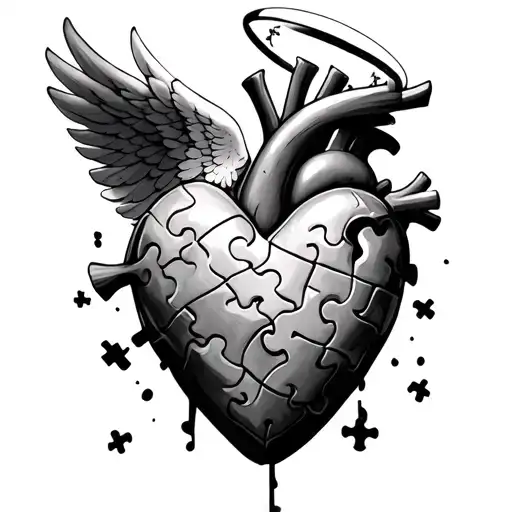realistic heart with puzzle piece falling out with angel wings and halo  tattoo design idea