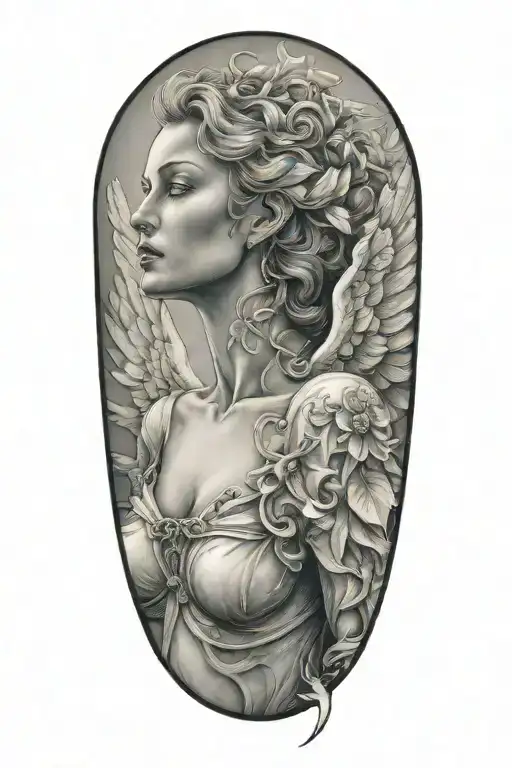 woman angel half bust tattoo design idea