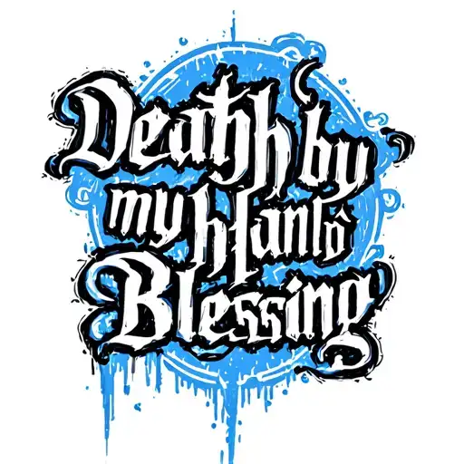 the text:Death by my hand is a blessing. in a rather scratched style.the colures should be blue progressing to black tattoo design idea