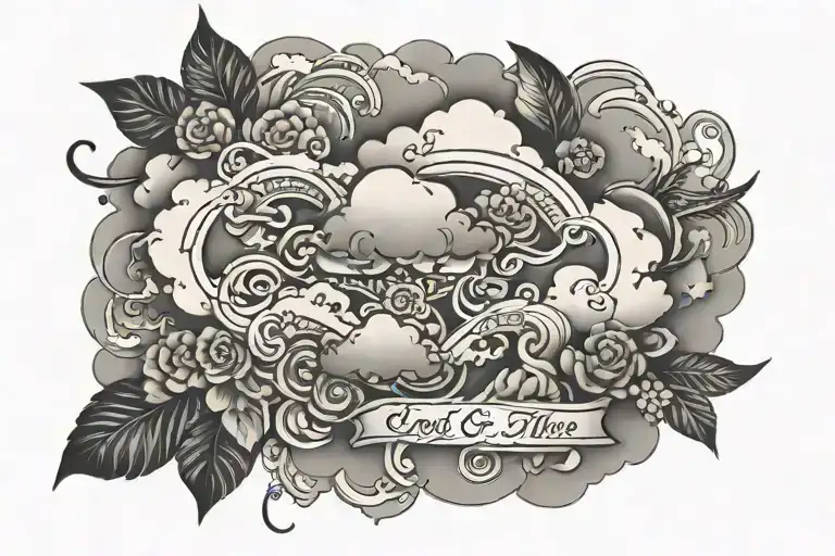 cloud filler with family members names written tattoo design idea