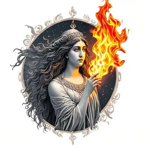 Goddess Hestia and her flame of fire tattoo design idea