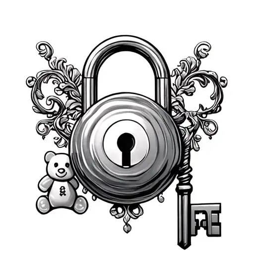 Three separate elements: a candy-colored lock, an ornate key, and a gummy bear, arranged in a triangle or line. tattoo design idea