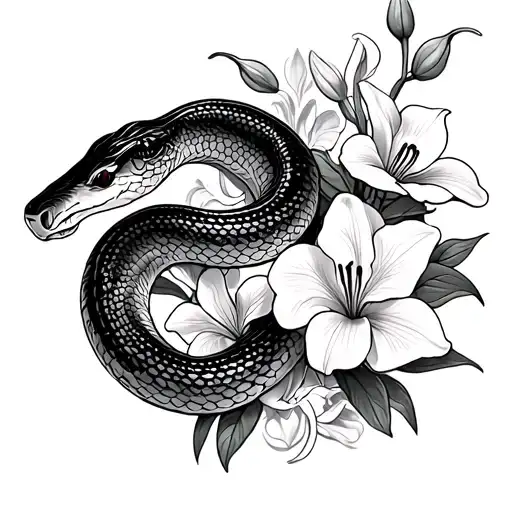 nagini snake with lily, orchid and cyclamen intertwined with a delicate tattoo design idea